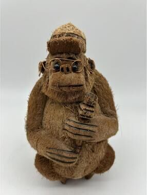 Hand-carved Coconut Monkey Figurine With Glasses & Hat Tiki Party Humorous Gift